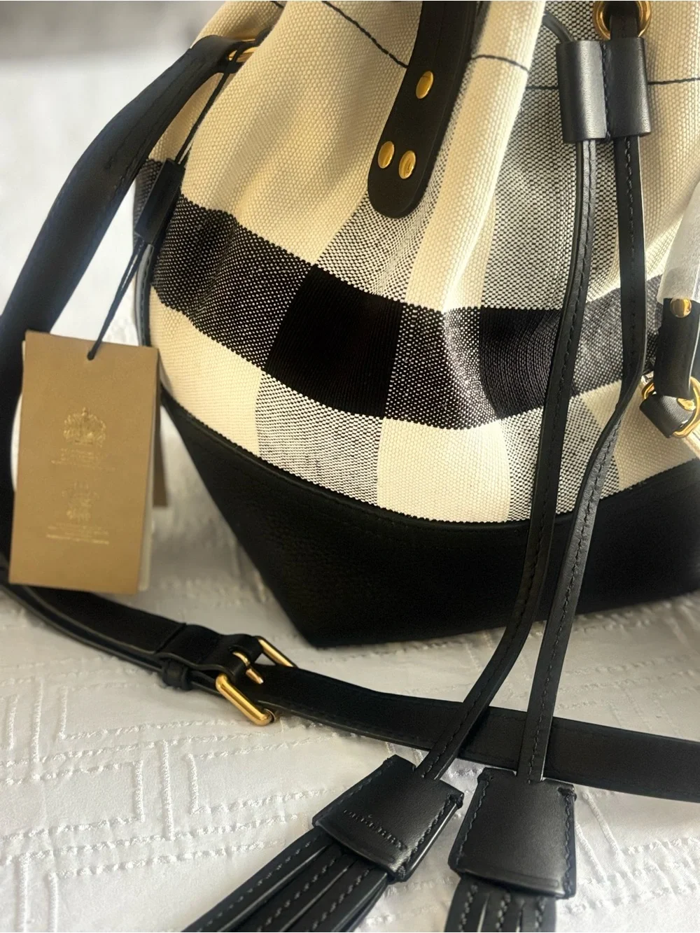 Burberry Black and Cream Check Bucket Crossbody with Pouch